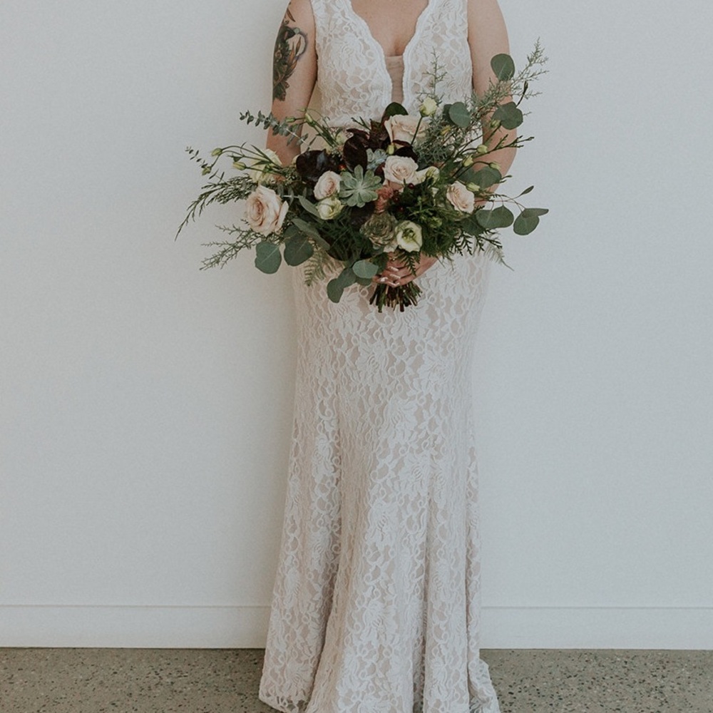 Lace Sheath Wedding Dress w/Plunging V-Neckline